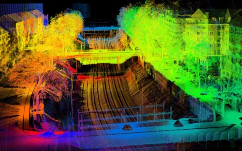 Today's Seebahngraben is the result of entrenching the rail spur in Wiedikon to solve congestion at ground level. The image shows a geometric survey recorded in 2023 with terrestrial laser scanning in which the positions are differentiated by color.