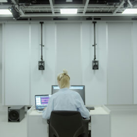 Nadine Schütz working in the AudioVisual Room at ETH Zurich. Capture from the documentary Refugia (2024) © One Planet One Future.