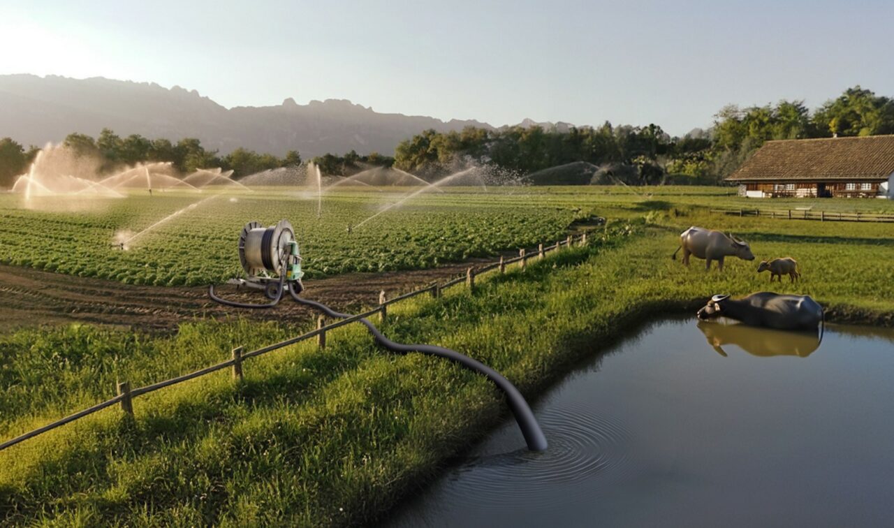 Tagung Landmanagement 2025, Symbolbild: Feld wird bewässert, Wasserbüffel